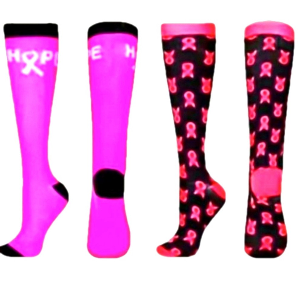 2 Pair Breast Cancer Awareness Compression Neuropathy Athletic Pink Ribbon Socks